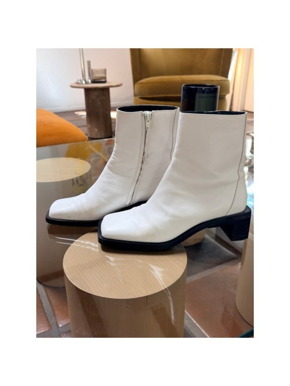 White Leather Square Toe Ankle Boots EU 36